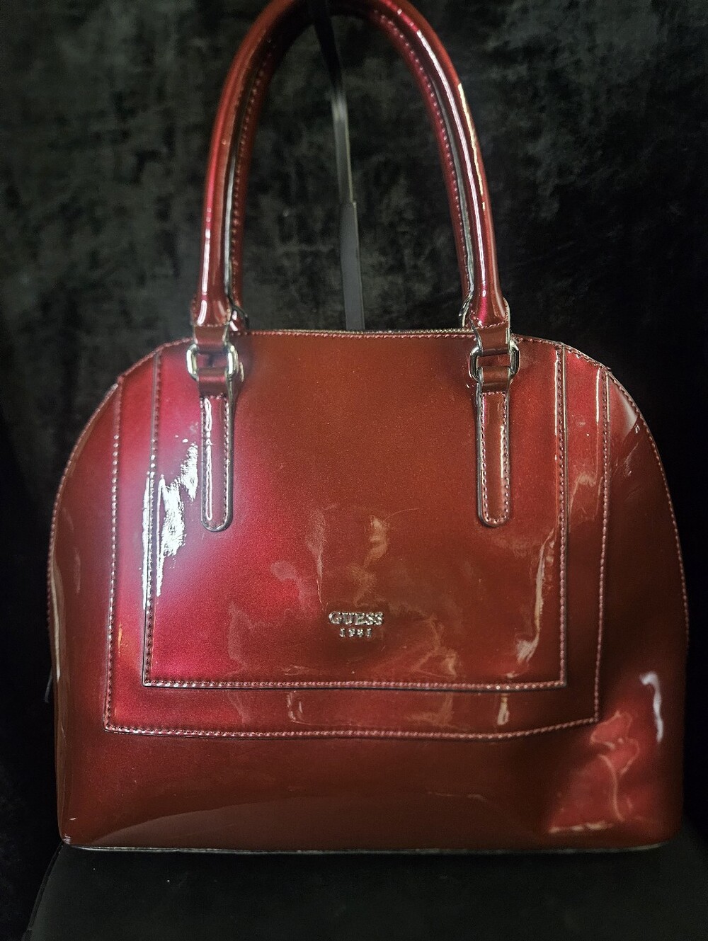 GUESS Est. 1981 High-Gloss Patent Dome Satchel Handbag - Deep Cherry Red